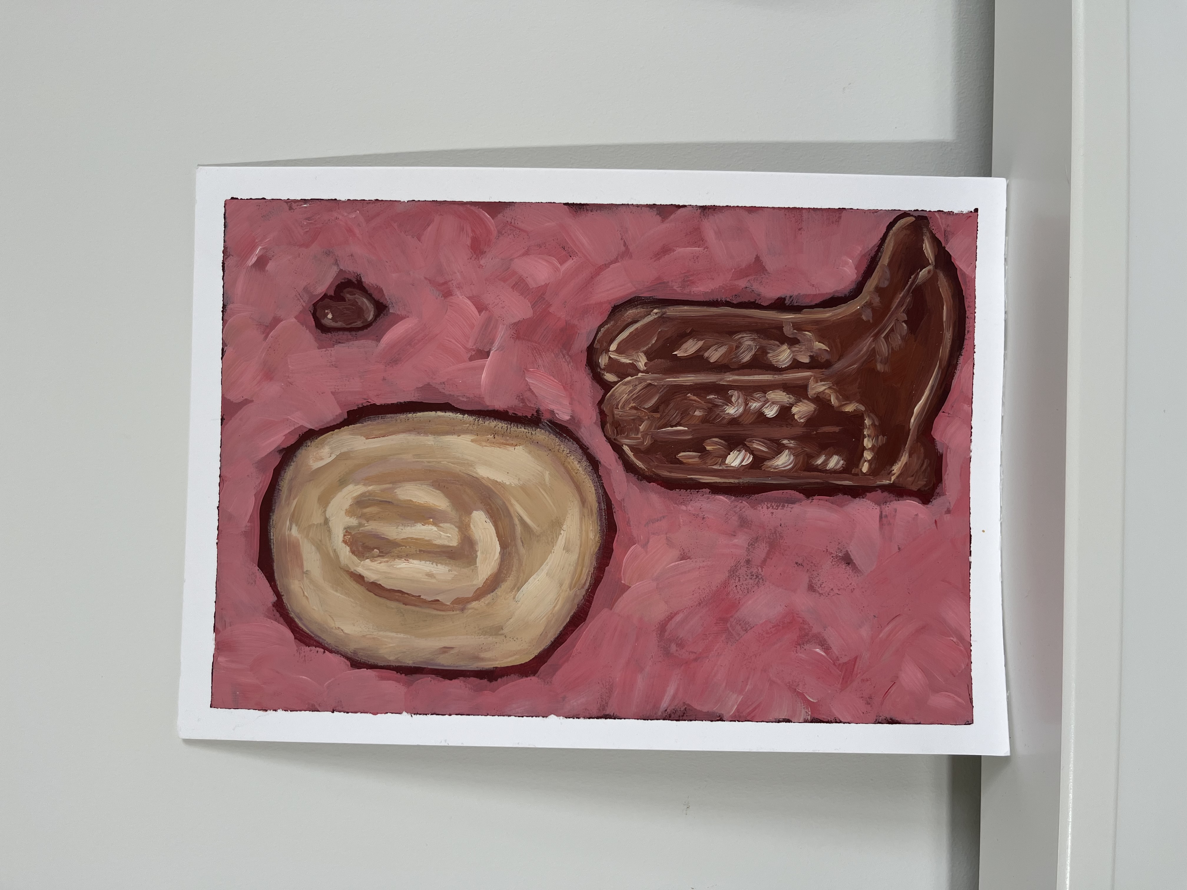 Home — a cowboy hat and boots on pink, original western painting by Mercedes Michel
