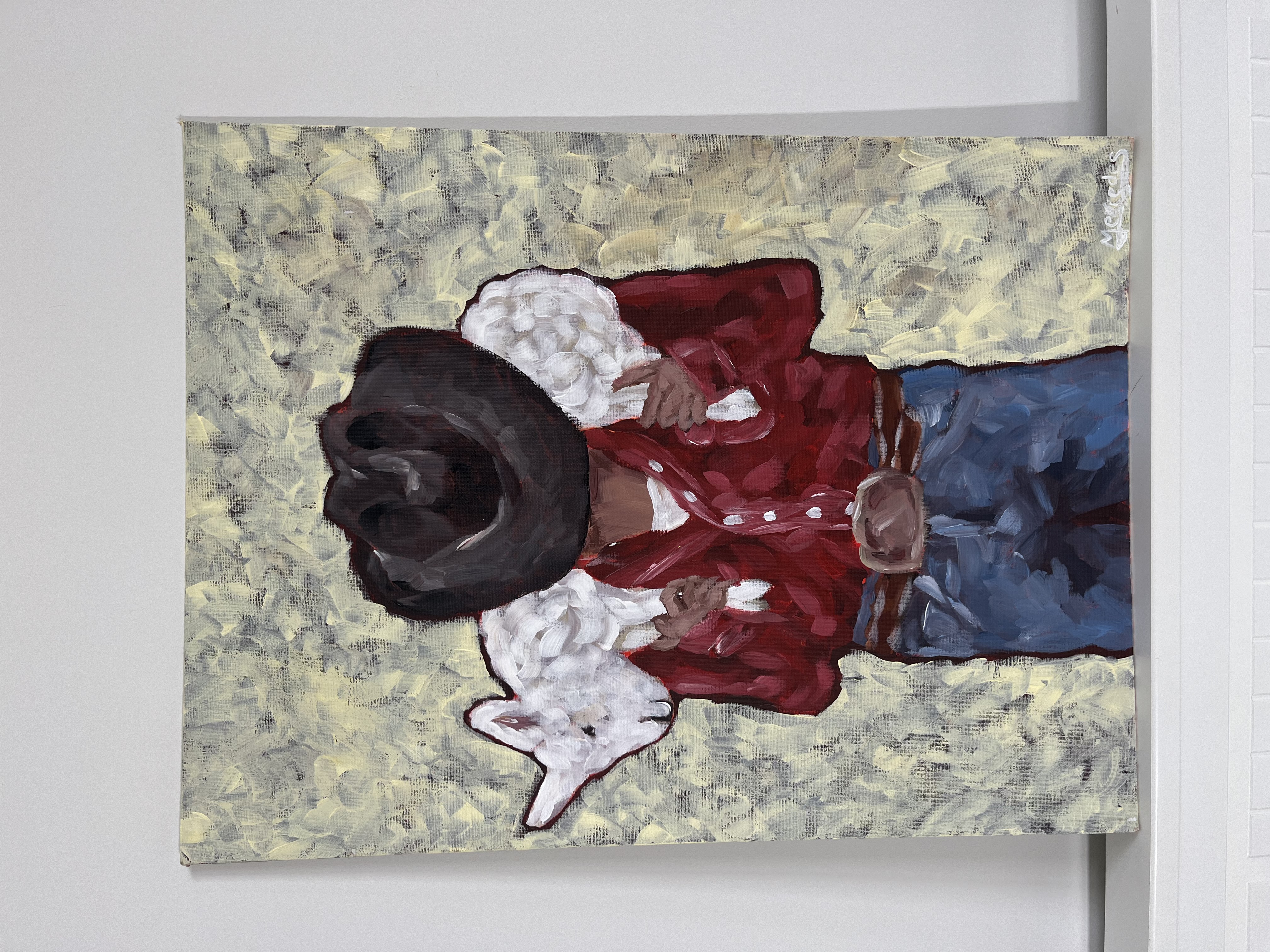 Cowboy carrying a lamb on his shoulders — original western painting by Mercedes Michel