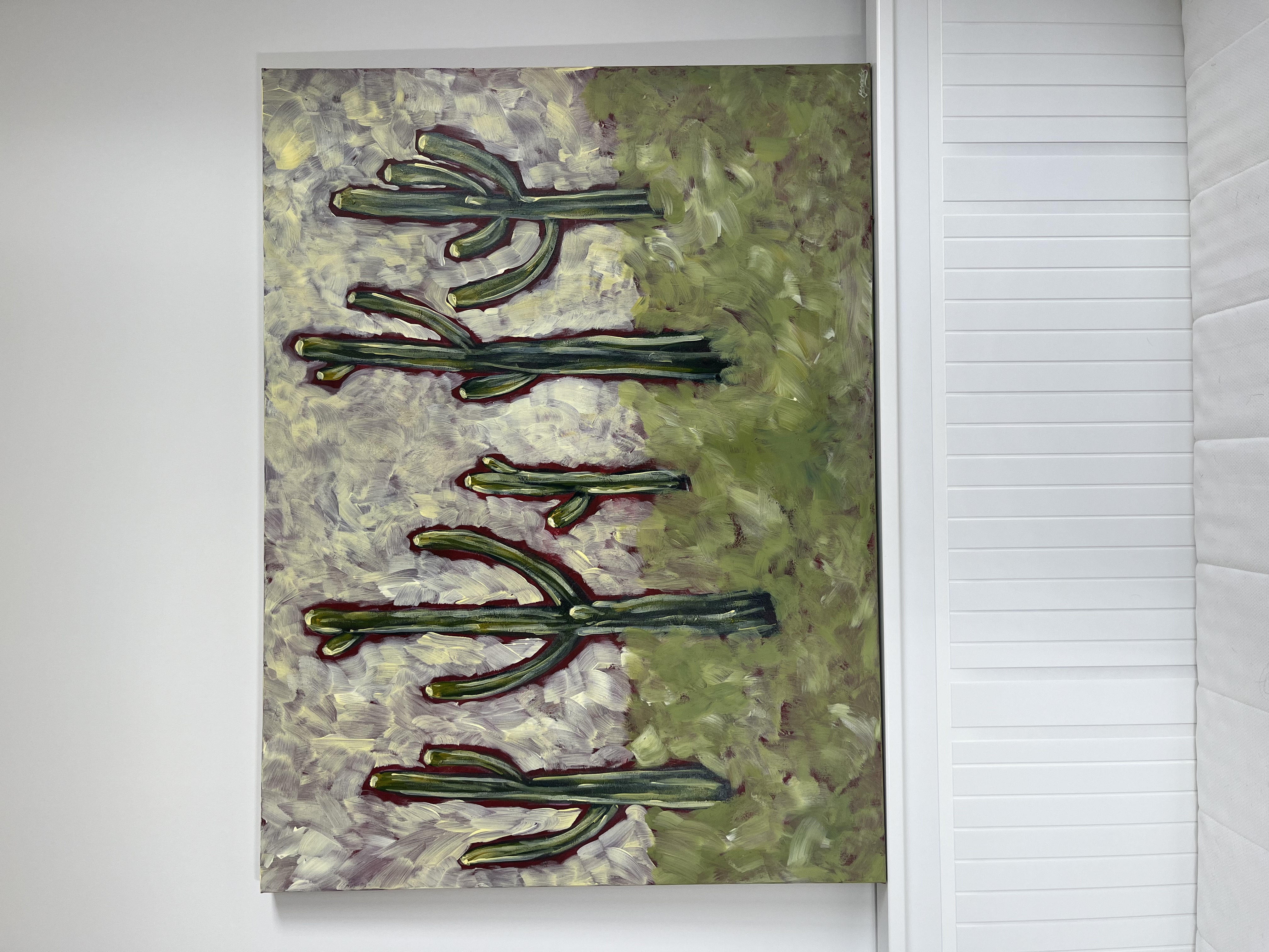 Cactus Garden — tall green cacti on a grassy plain, original Wild West painting by Mercedes Michel