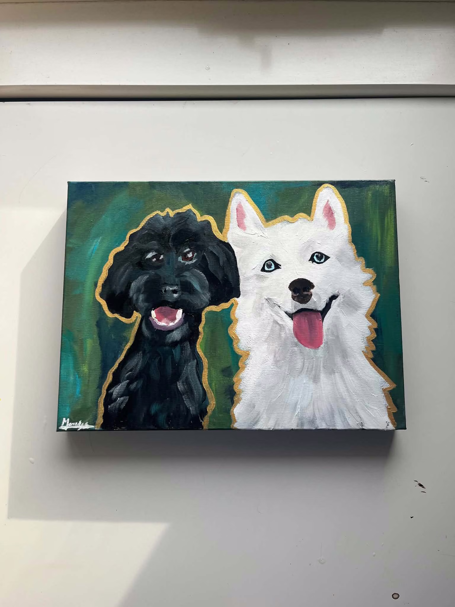 Commissioned portrait of two dogs — original painting by Mercedes Michel