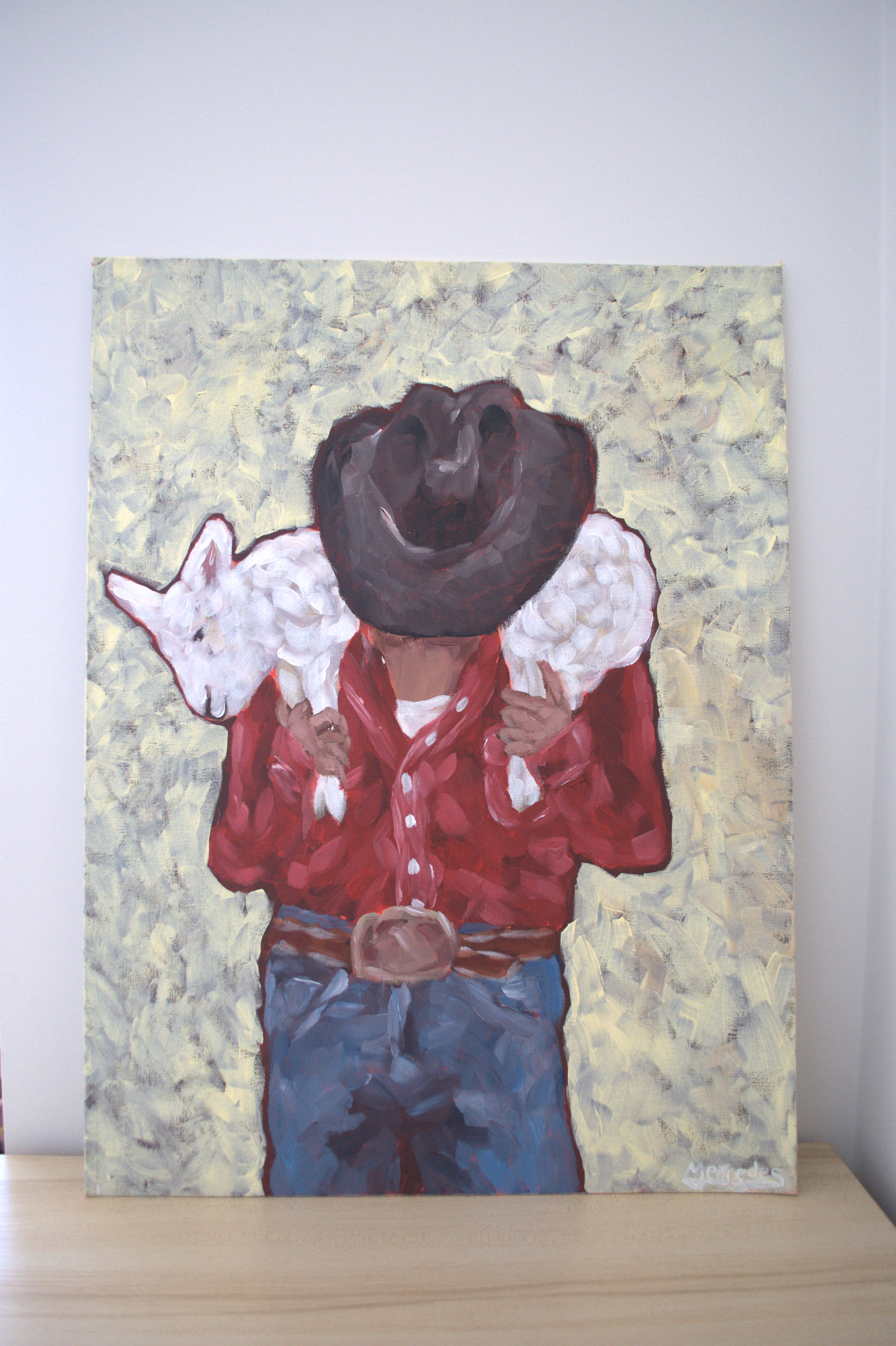 Cowboy with lamb — original western painting by Mercedes Michel
