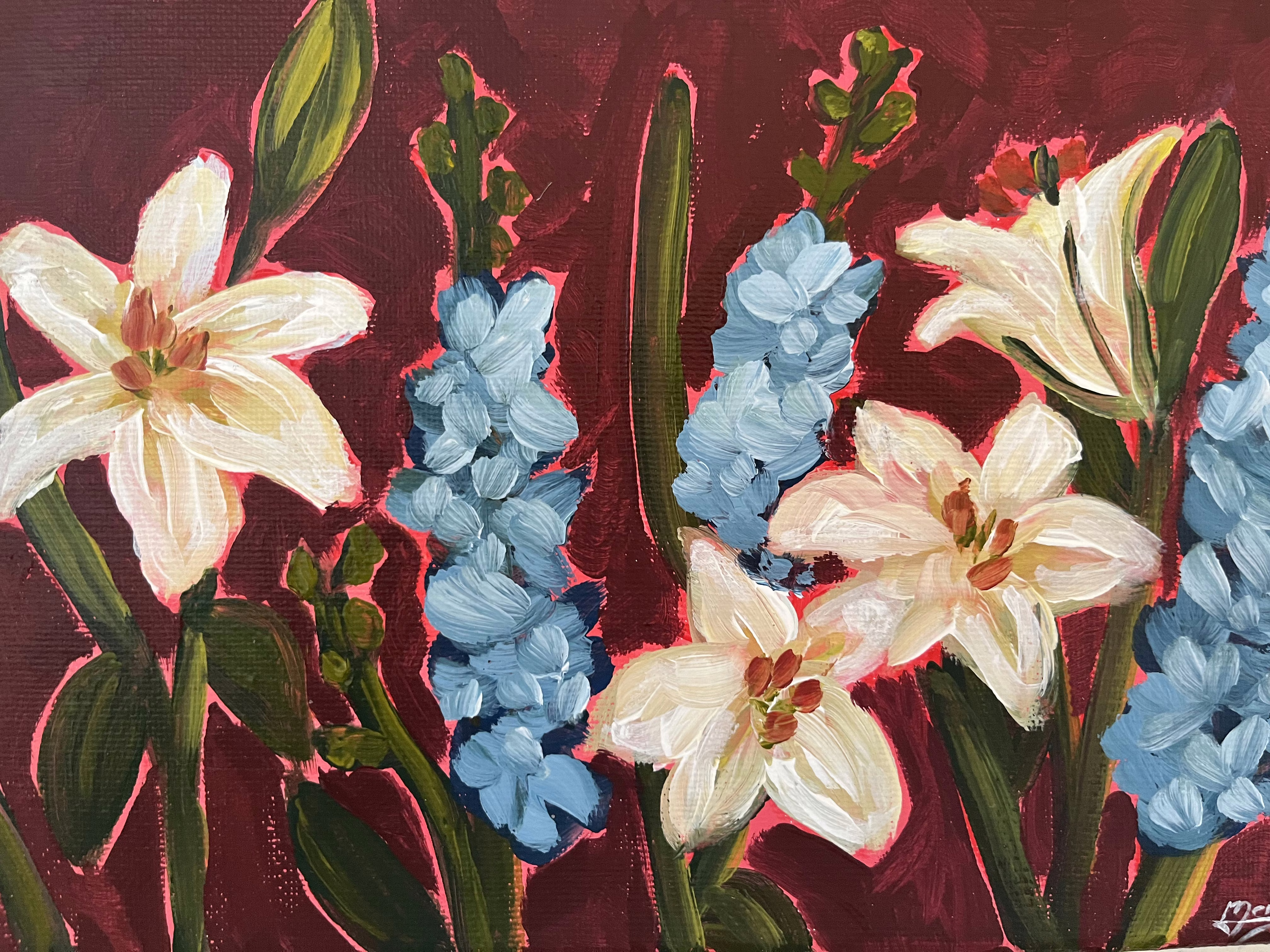 Lilies and blue hyacinths on maroon — original painting
