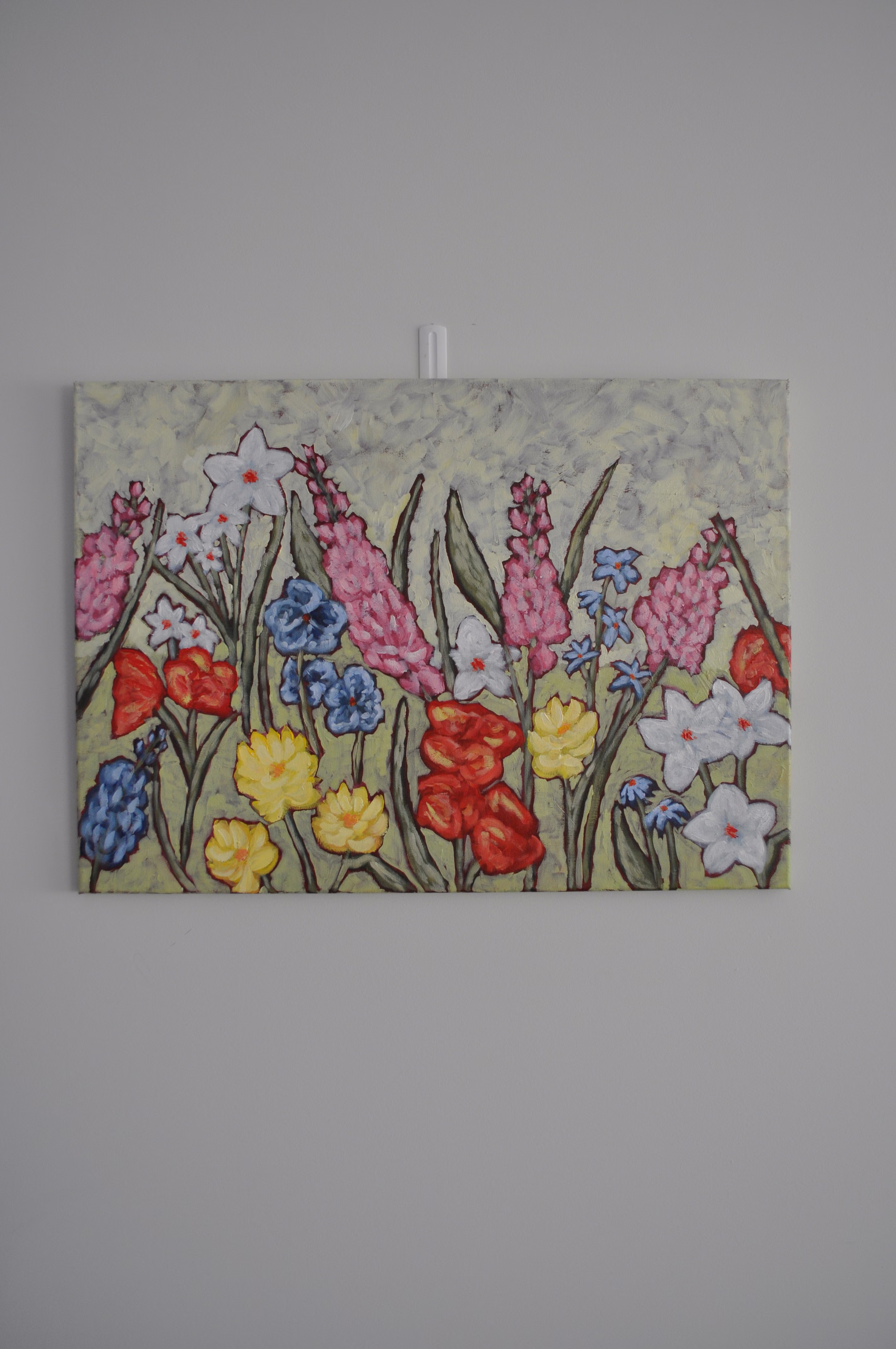 Spring wildflowers — hyacinths, tulips and daffodils — original floral painting by Mercedes Michel