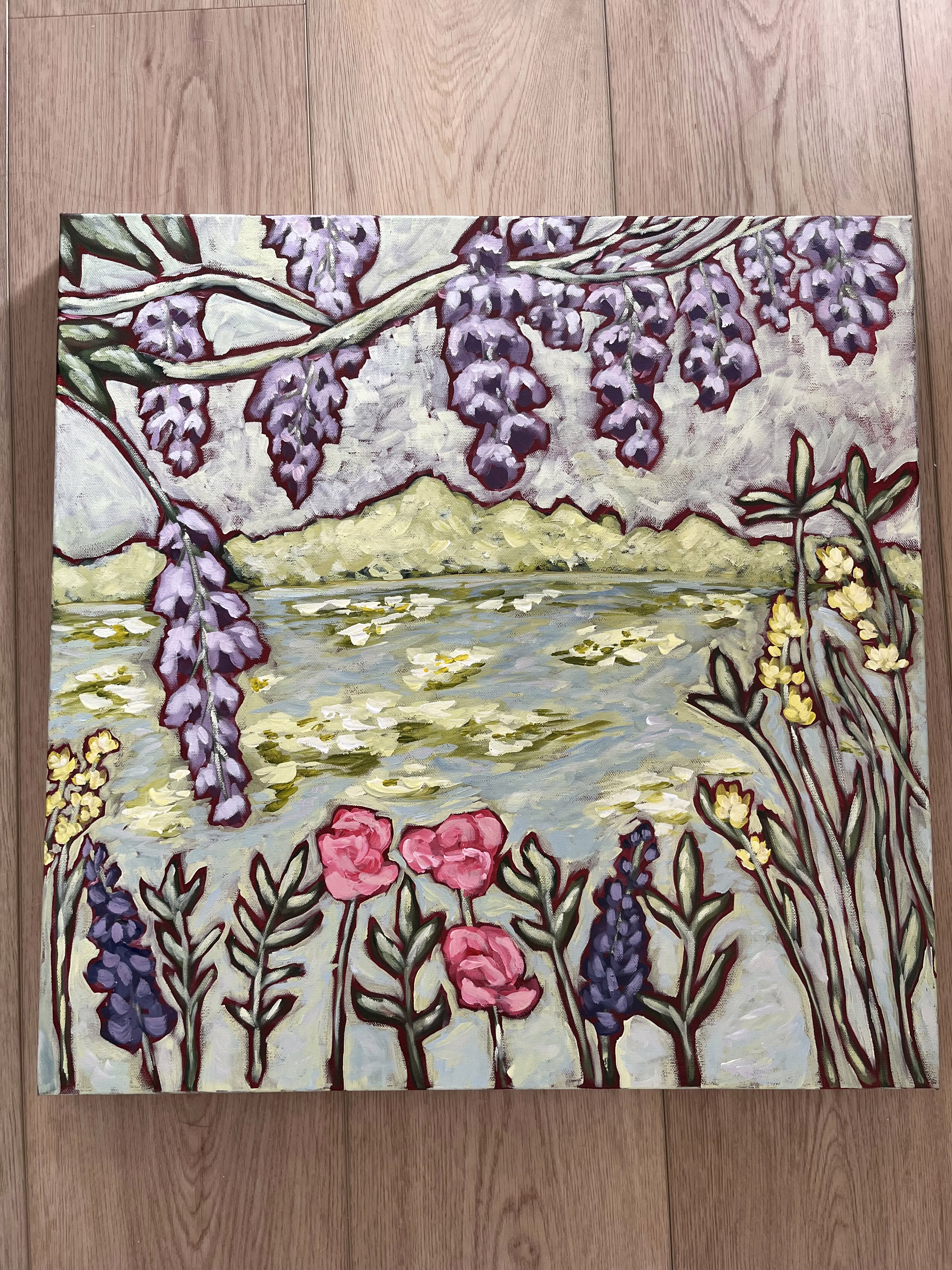 Wisteria over the lake — original floral landscape painting