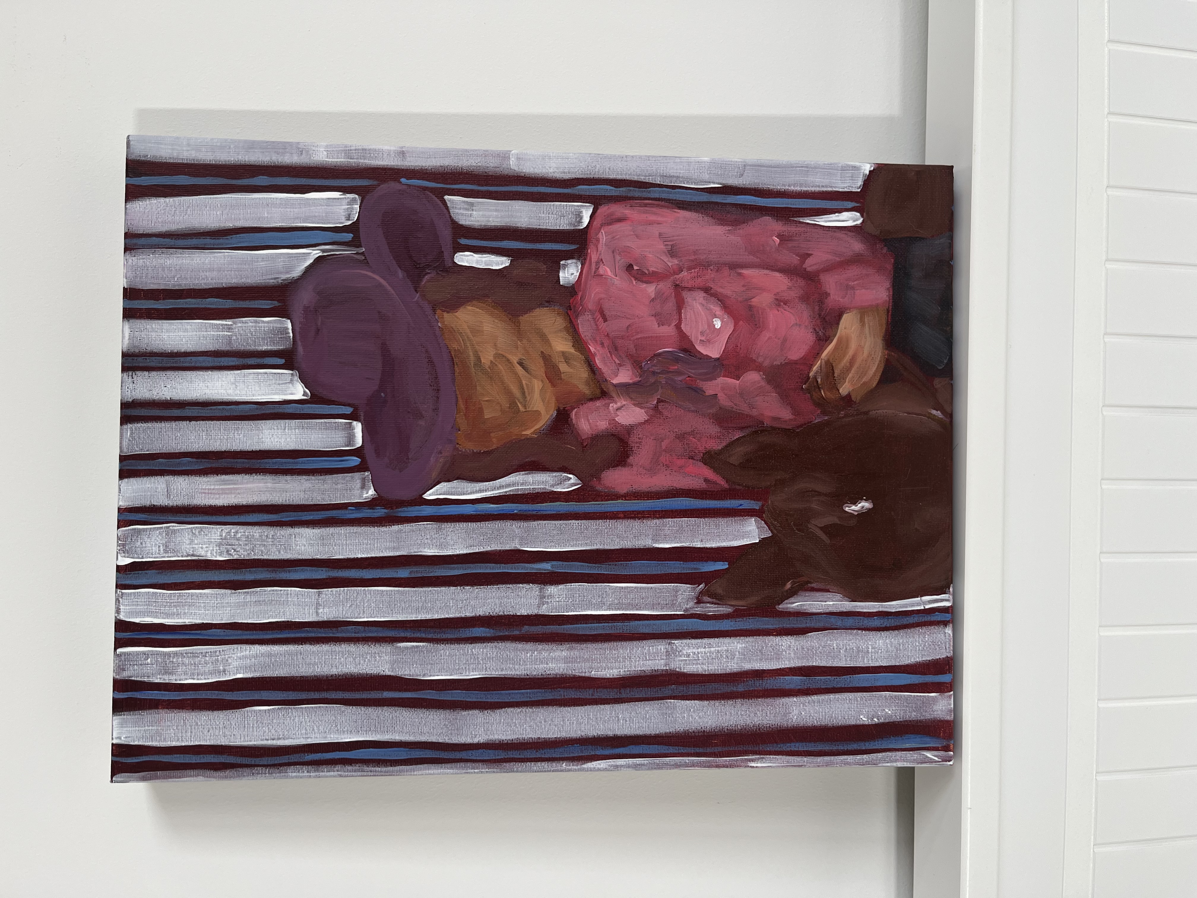 Cowgirl in a pink shirt and purple hat against stripes — original western painting by Mercedes Michel