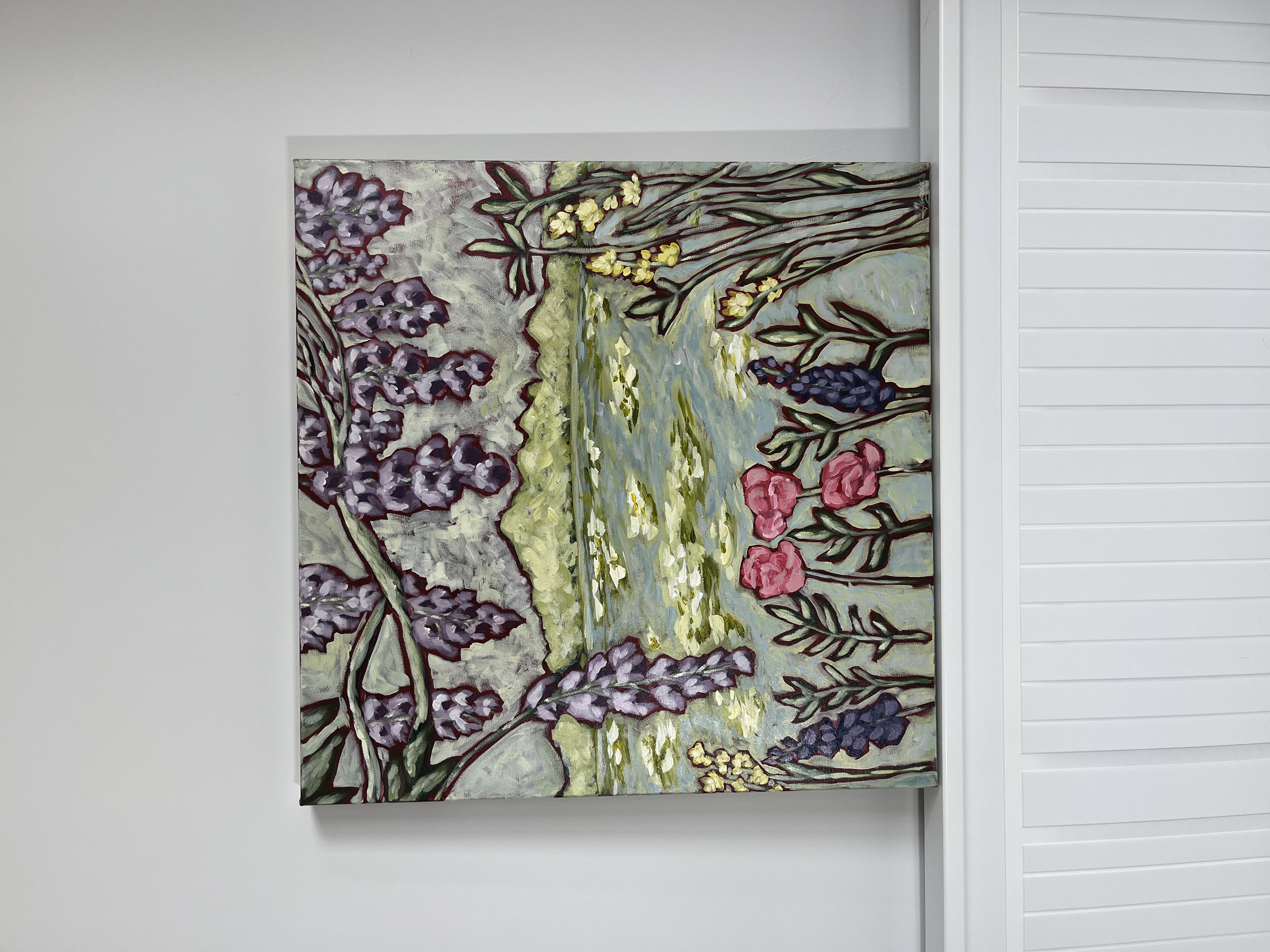 Wisteria over the lake — original floral painting by Mercedes Michel